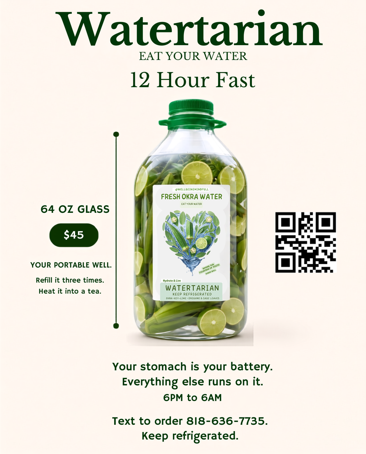 WATERTARIAN 12 HOUR FAST (64oz Glass Bottle)